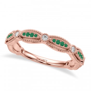 Antique Style Emerald & Diamond Wedding Ring Band 18K Rose Gold (0.20ct)
